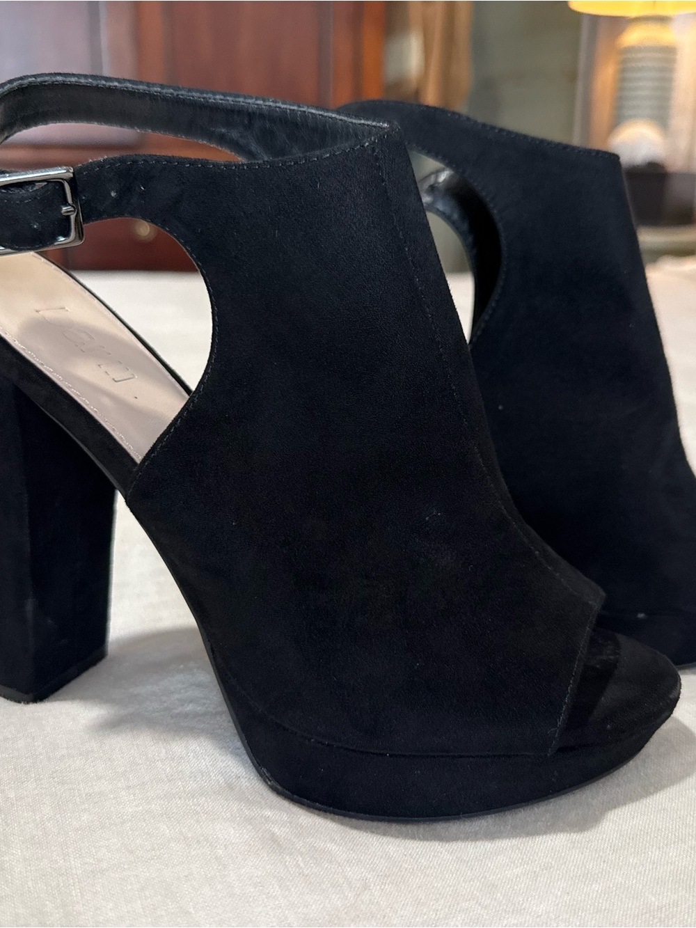 Bershka Black Suede Cutout Peep-Toe Block Heel Sandals